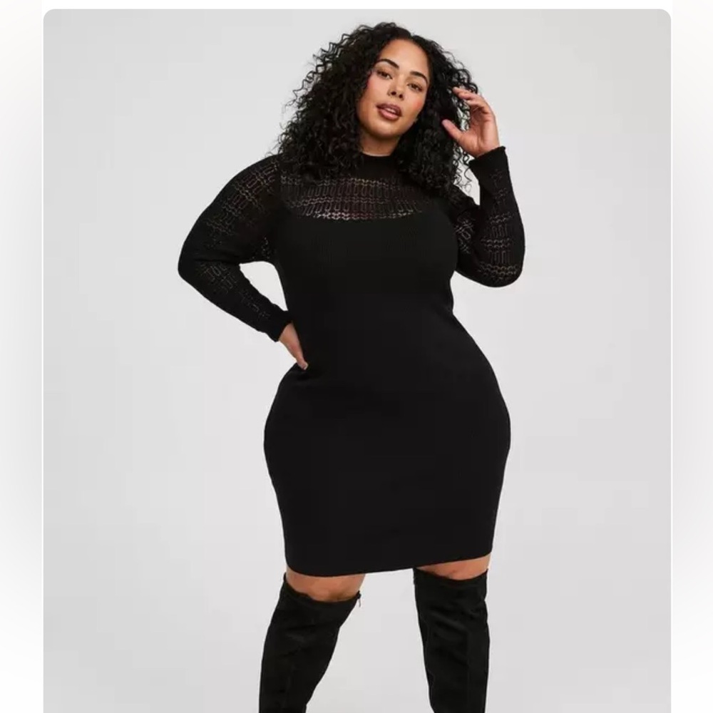 Torrid Mini Long Sleeve Rib Pointelle Mock Neck Sweater Dress Black NWT Size 2X